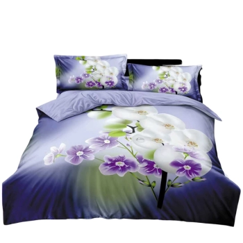 Pościel 200x220 kremowa fioletowa biały kwiat PK701 z PRZEŚCIERADŁEM